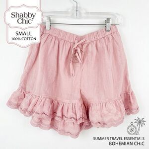 Shabby Chic Pink Eyelet Ruffle Hem Shorts Cotton Boho Coquette Small